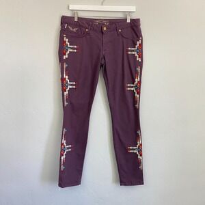 Robins Jean Embroidered Jeans Women Size 31 Purple Aztec Skinny Flaw